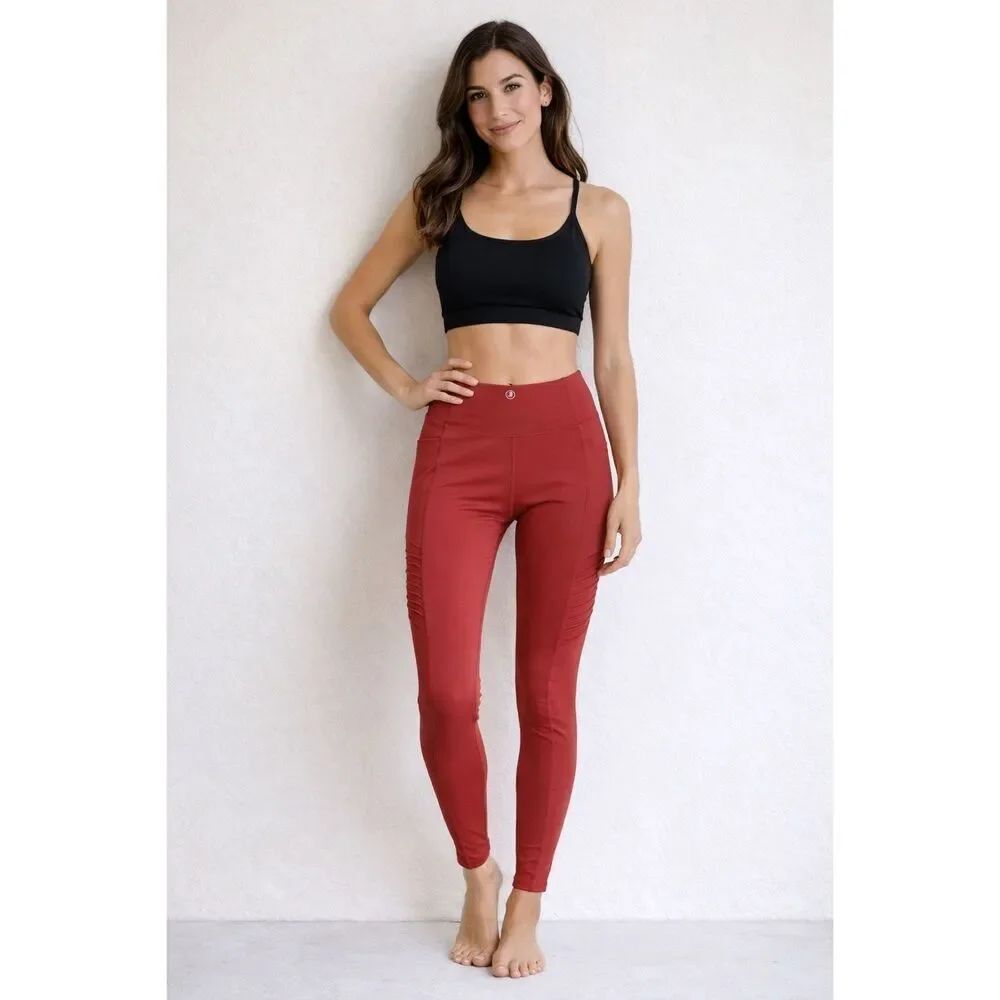 Body GloveβRed Active Leggings High Waist Ruched Sides Pockets Size S